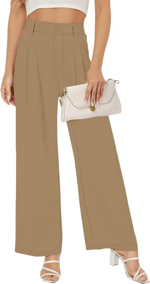 Buauty Women Straight Wide Leg Dress Pants for Women High Waist Office Business Casual Trousers Pants with Pockets 2024 Khaki