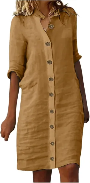 Button Down Midi Shirt Dress for Women Casual Summer Beach Loose Fit Dresses Half Sleeve V Neck Knee Length Dresses