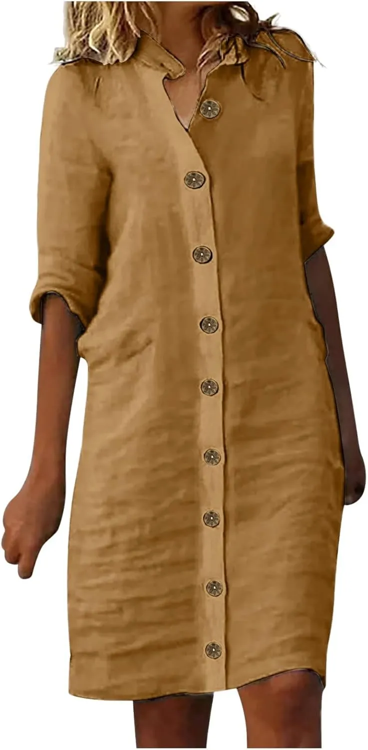 Button Down Midi Shirt Dress for Women Casual Summer Beach Loose Fit Dresses Half Sleeve V Neck Knee Length Dresses