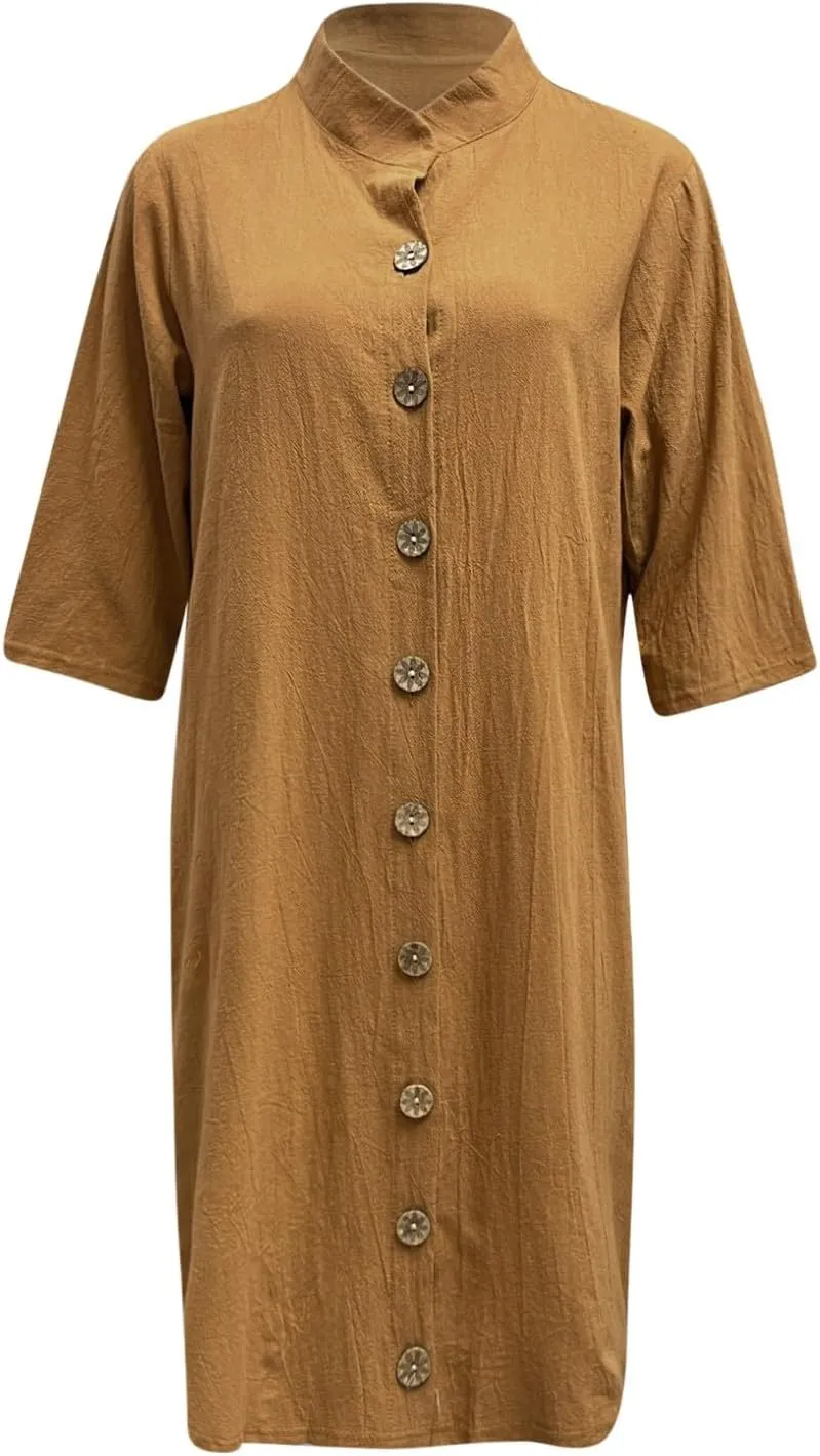 Button Down Midi Shirt Dress for Women Casual Summer Beach Loose Fit Dresses Half Sleeve V Neck Knee Length Dresses