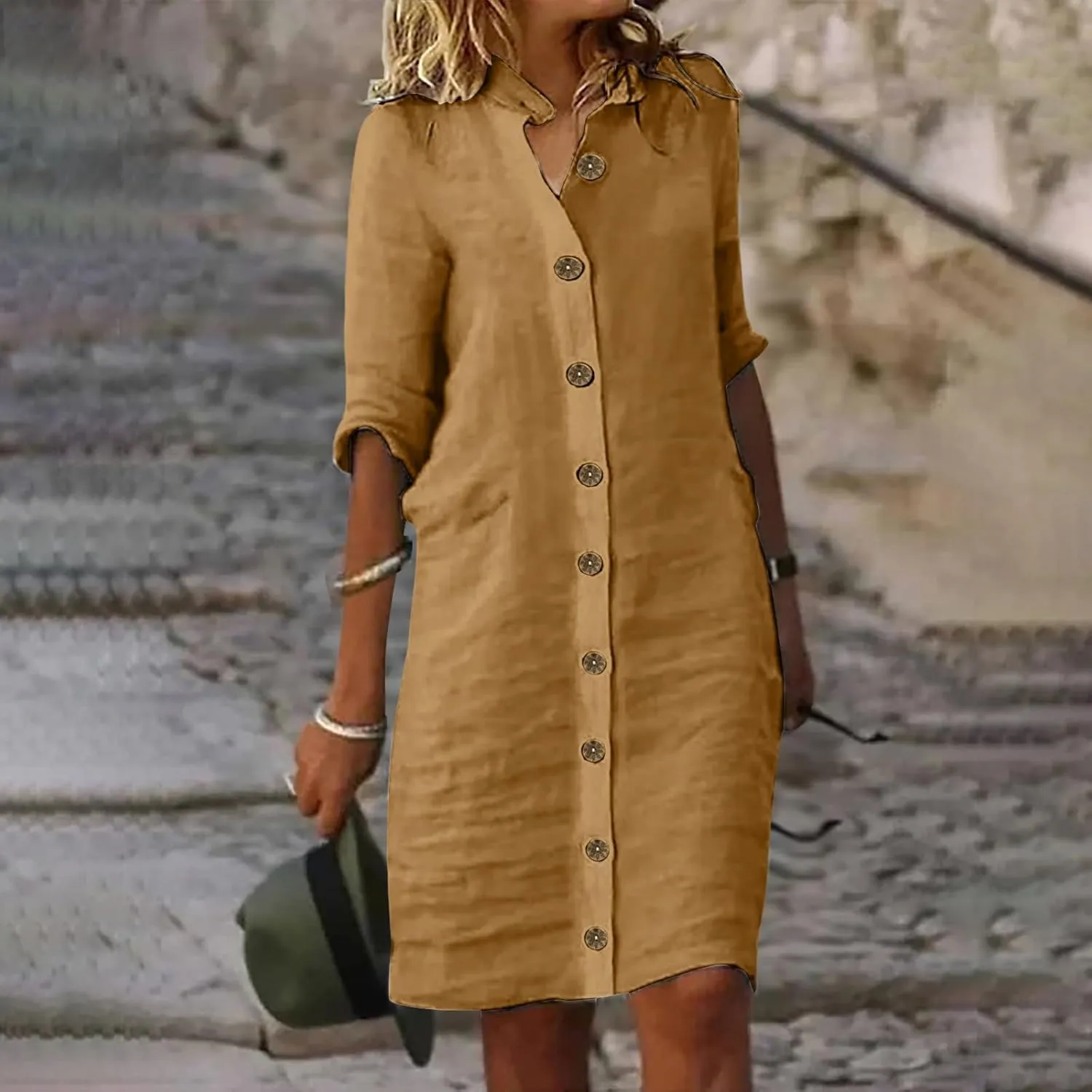 Button Down Midi Shirt Dress for Women Casual Summer Beach Loose Fit Dresses Half Sleeve V Neck Knee Length Dresses