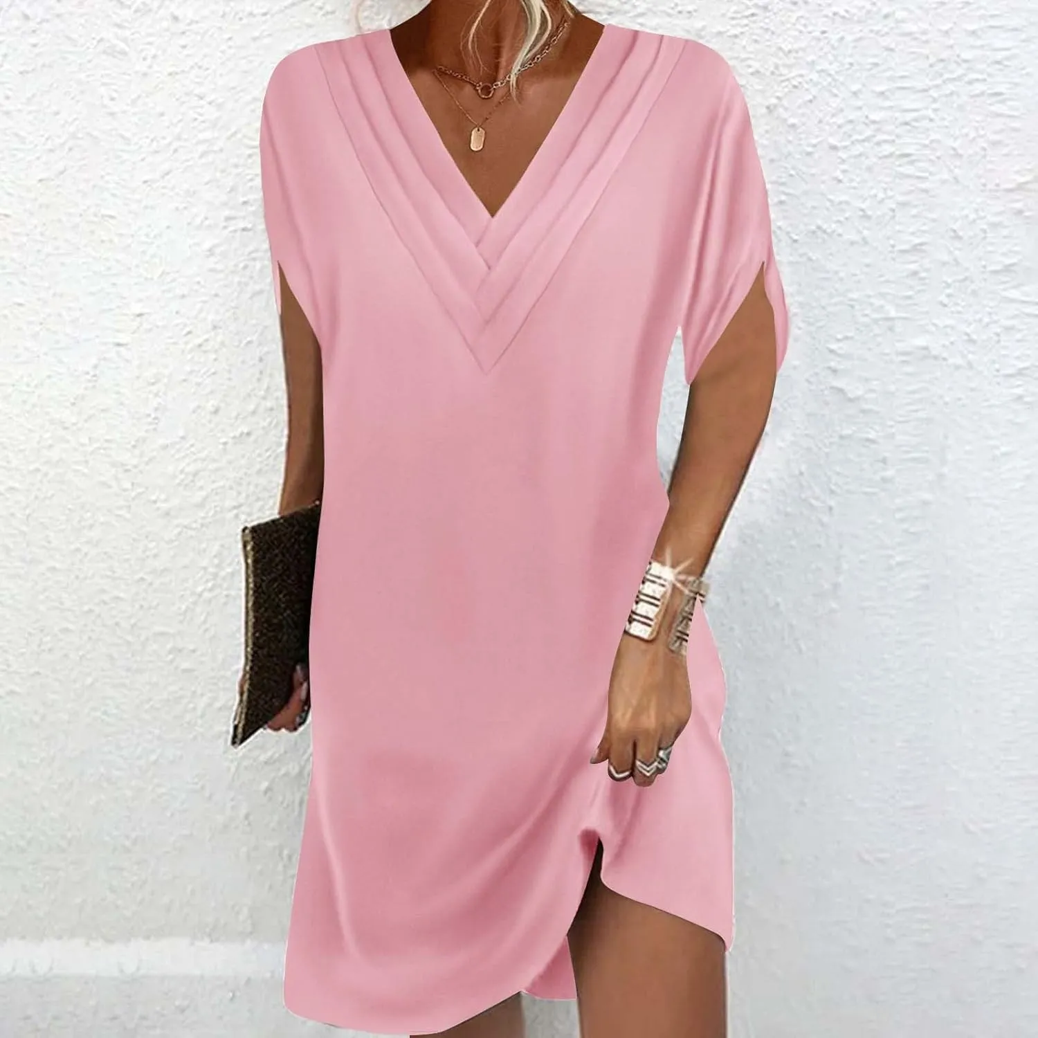 Casual Dresses for Women 2025 Solid V Neck Batwing Sleeve Mini Dress Summer Going Out Dress for Ladies