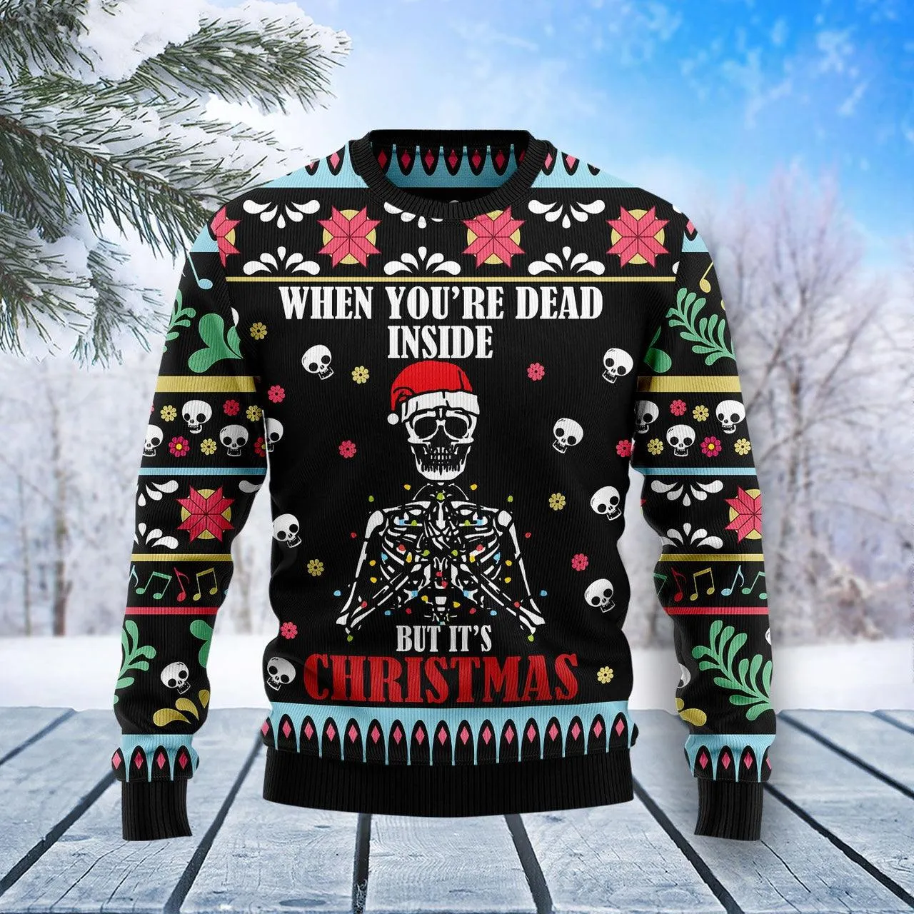 Christmas Skeleton With Santa Hat Ugly Sweater