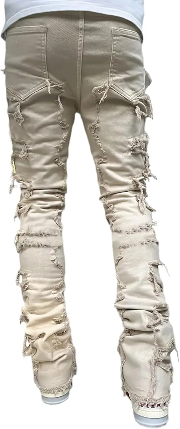 Conshvi Men's Slim Fit Stretch Jeans Distressed Patchwork Stacked Frayed Straight Leg Skinny Denim Pants