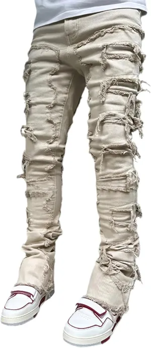 Conshvi Men's Slim Fit Stretch Jeans Distressed Patchwork Stacked Frayed Straight Leg Skinny Denim Pants