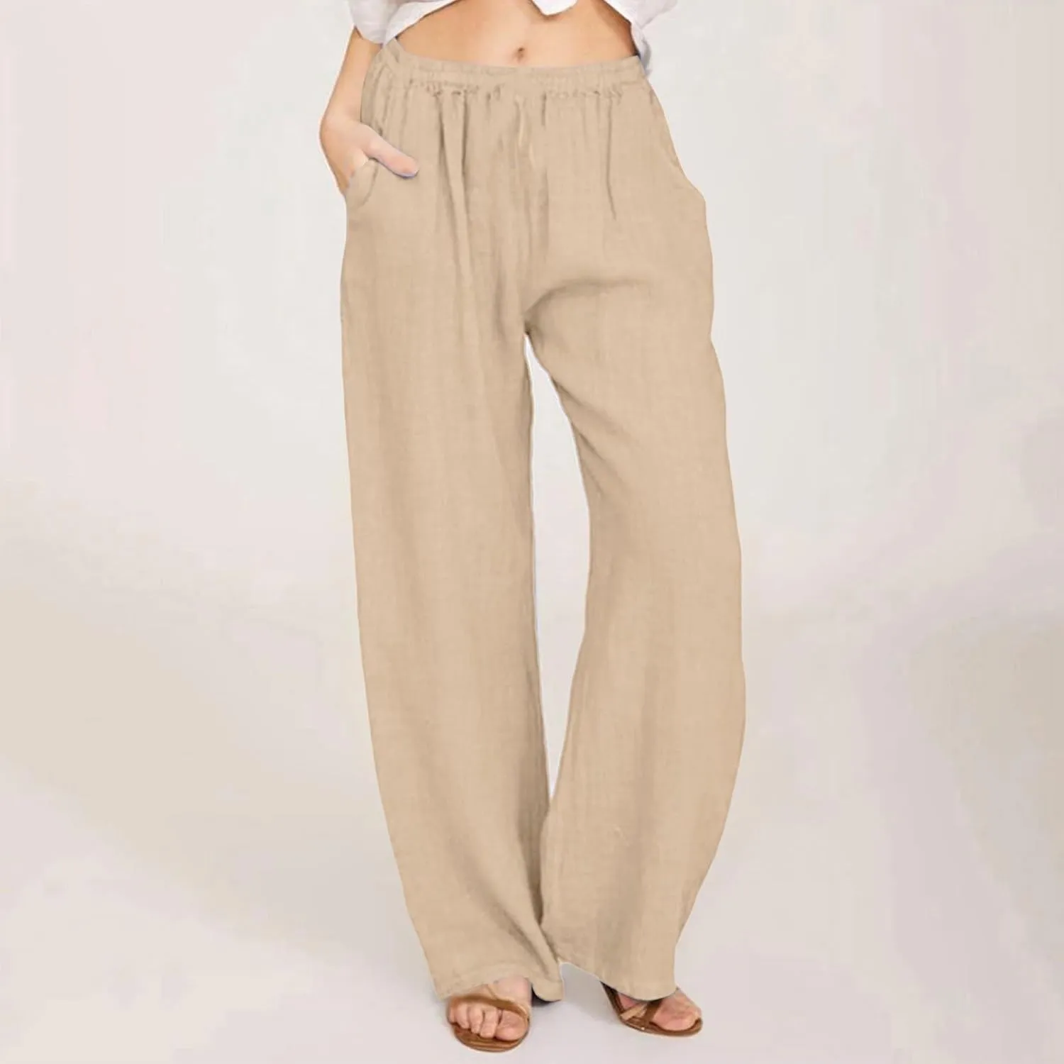 Cotton Linen Pants for Women 2025 Baggy Boho Casual Palazzo Pants Elastic Waist Wide Leg Lounge Trousers with 2 Pockets