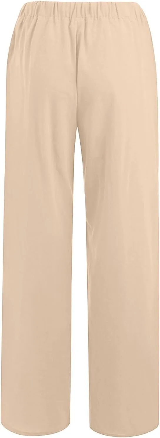 Cotton Linen Pants for Women 2025 Baggy Boho Casual Palazzo Pants Elastic Waist Wide Leg Lounge Trousers with 2 Pockets