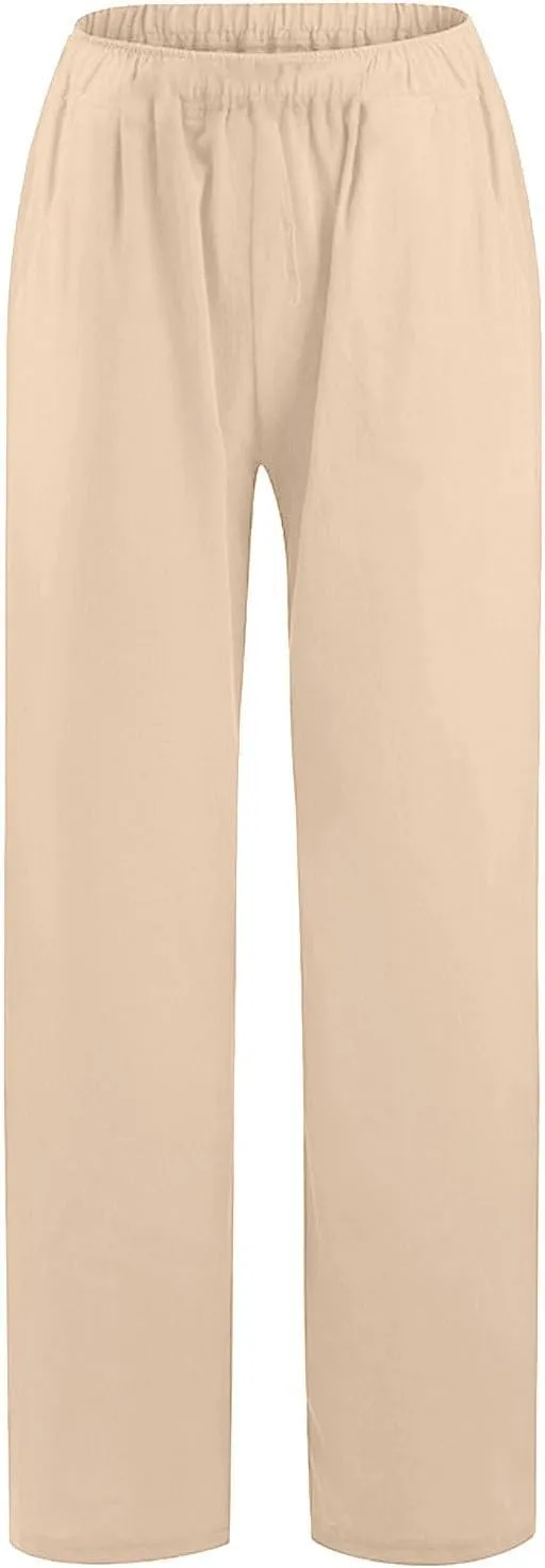 Cotton Linen Pants for Women 2025 Baggy Boho Casual Palazzo Pants Elastic Waist Wide Leg Lounge Trousers with 2 Pockets