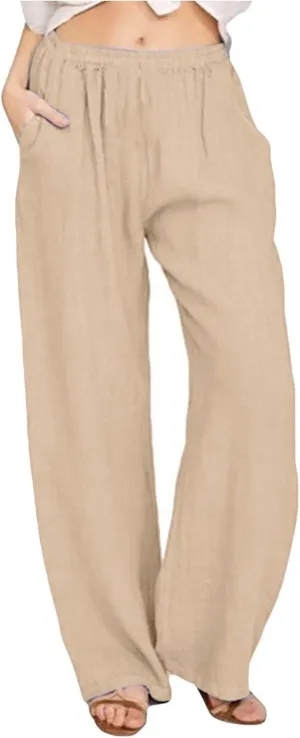 Cotton Linen Pants for Women 2025 Baggy Boho Casual Palazzo Pants Elastic Waist Wide Leg Lounge Trousers with 2 Pockets