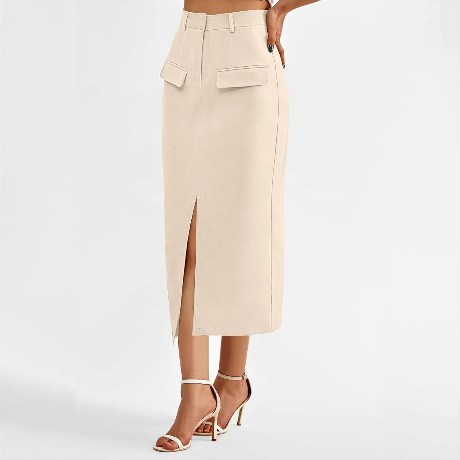 Cotton Skirt for Women 2025 Trendy High Waisted Business Work Pencil Slit Skirts Casual Dressy Skirt with Pockets