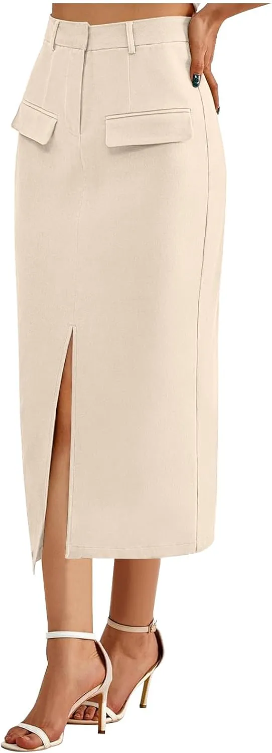Cotton Skirt for Women 2025 Trendy High Waisted Business Work Pencil Slit Skirts Casual Dressy Skirt with Pockets