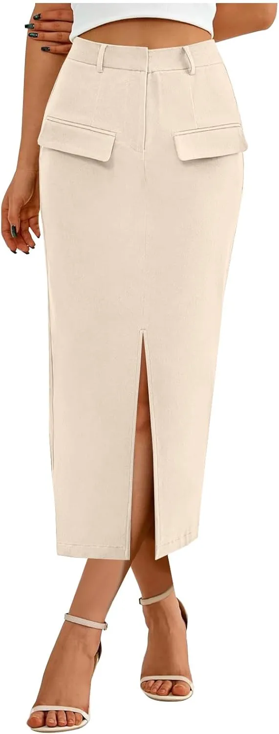 Cotton Skirt for Women 2025 Trendy High Waisted Business Work Pencil Slit Skirts Casual Dressy Skirt with Pockets