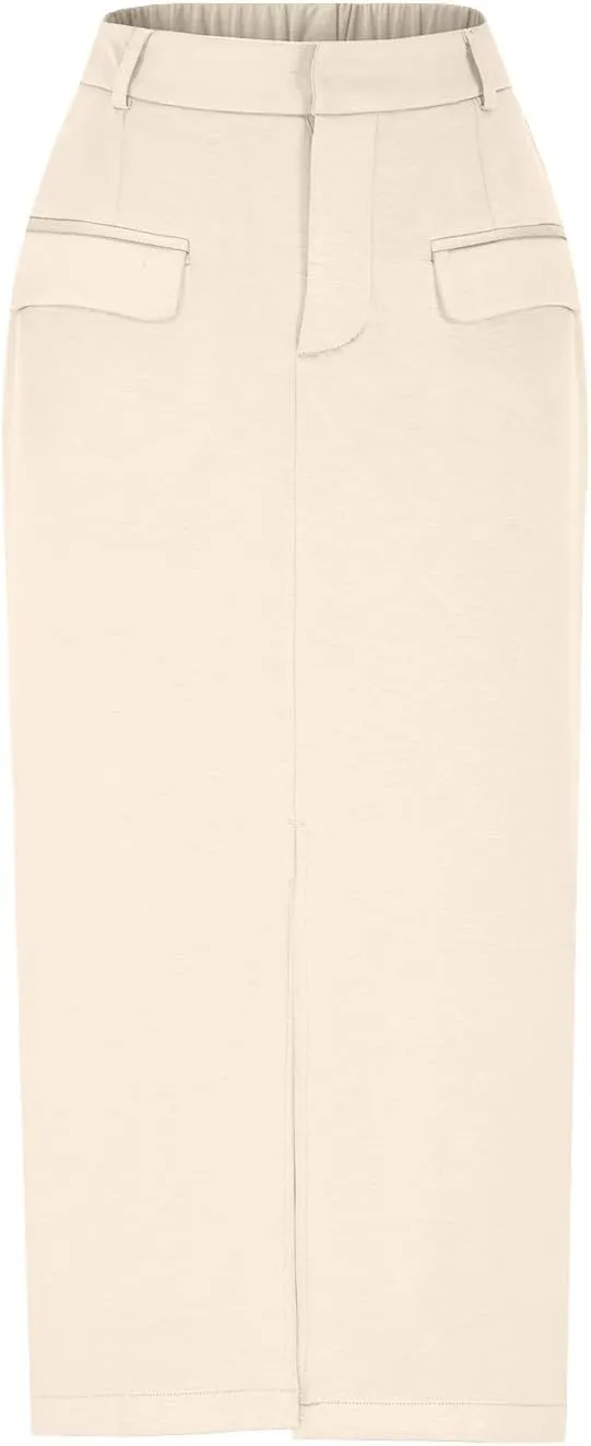 Cotton Skirt for Women 2025 Trendy High Waisted Business Work Pencil Slit Skirts Casual Dressy Skirt with Pockets