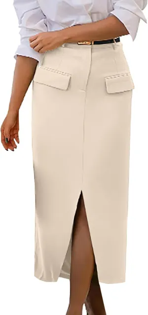 Cotton Skirt for Women 2025 Trendy High Waisted Business Work Pencil Slit Skirts Casual Dressy Skirt with Pockets