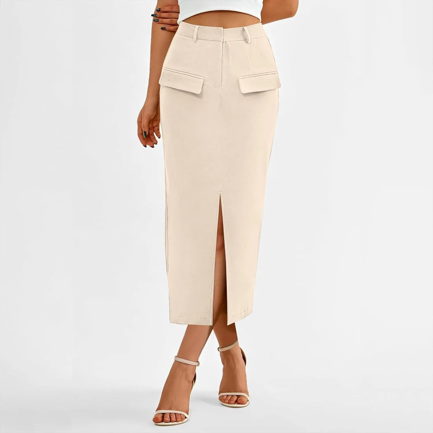 Cotton Skirt for Women 2025 Trendy High Waisted Business Work Pencil Slit Skirts Casual Dressy Skirt with Pockets