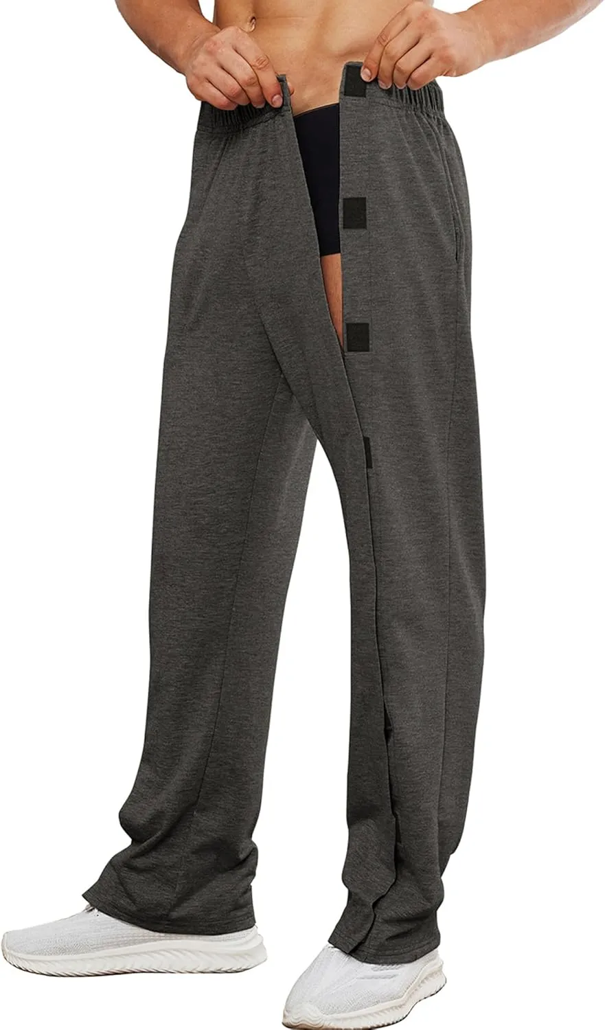 Deyeek Men's Post Surgery Pants Loose Fit Side Snap Tear Away Pants for Men Open Bottom Breakaway Sweatpants with Pockets