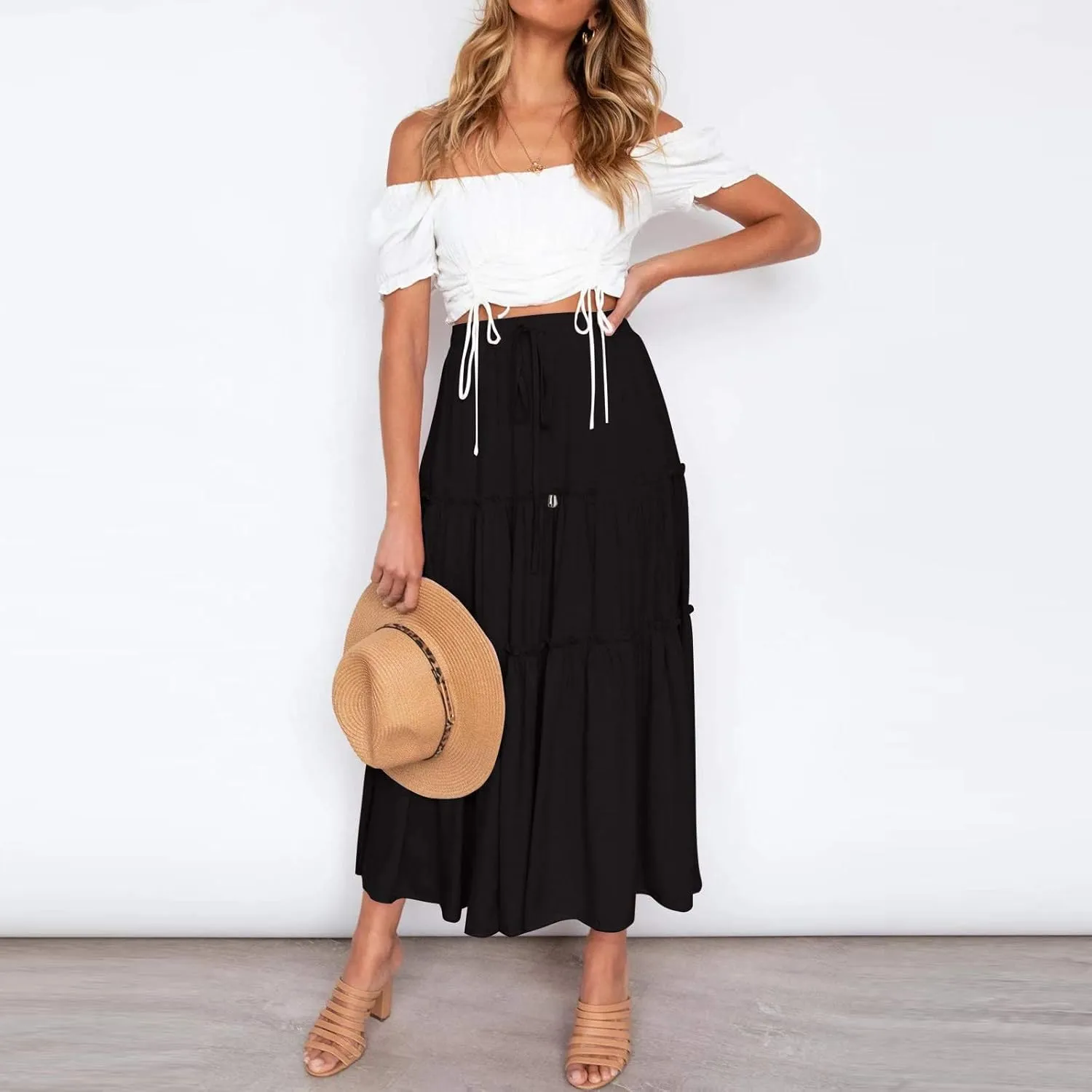 Drawstring Womens Skirt High Rise Ruched Skirts Ruffle Boho Pleated Waist Summer for Women 2023 Casual Cute Robe