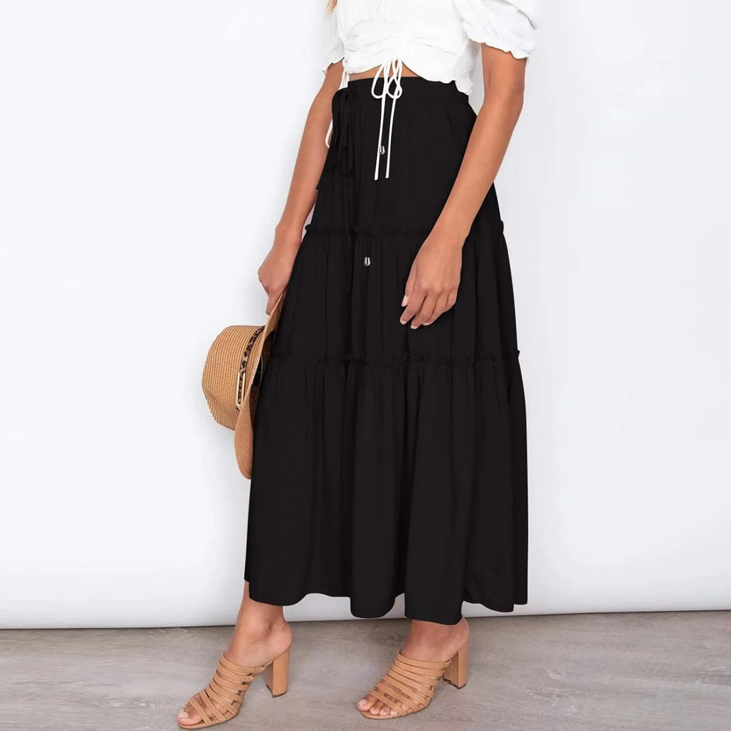Drawstring Womens Skirt High Rise Ruched Skirts Ruffle Boho Pleated Waist Summer for Women 2023 Casual Cute Robe