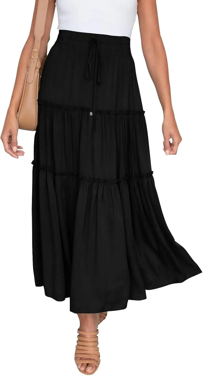 Drawstring Womens Skirt High Rise Ruched Skirts Ruffle Boho Pleated Waist Summer for Women 2023 Casual Cute Robe
