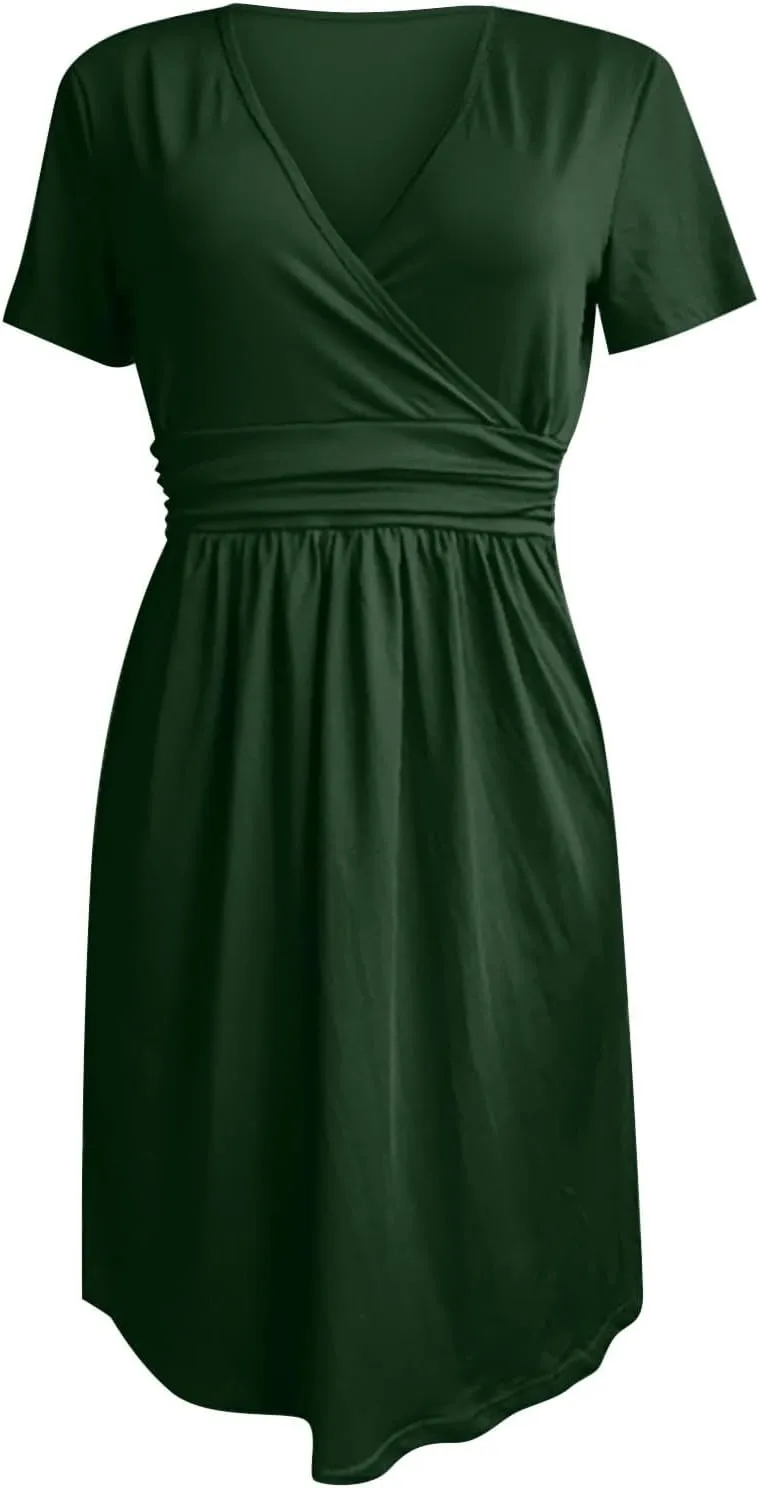 Dresses for Women 2025 Summer Short Sleeve V Neck Midi Dress Empire Waist Casual Loose Fit Vacation A Line Dress