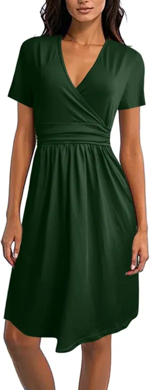 Dresses for Women 2025 Summer Short Sleeve V Neck Midi Dress Empire Waist Casual Loose Fit Vacation A Line Dress
