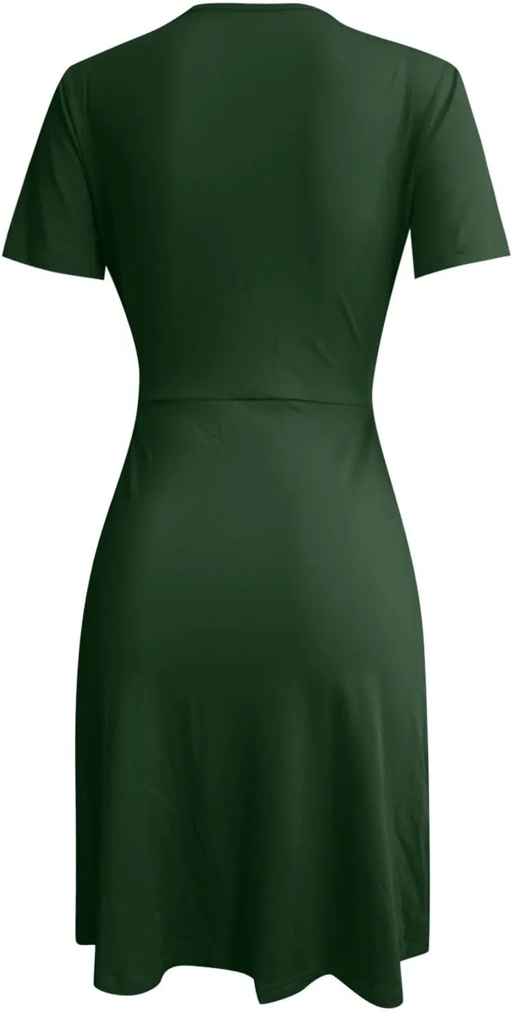 Dresses for Women 2025 Summer Short Sleeve V Neck Midi Dress Empire Waist Casual Loose Fit Vacation A Line Dress