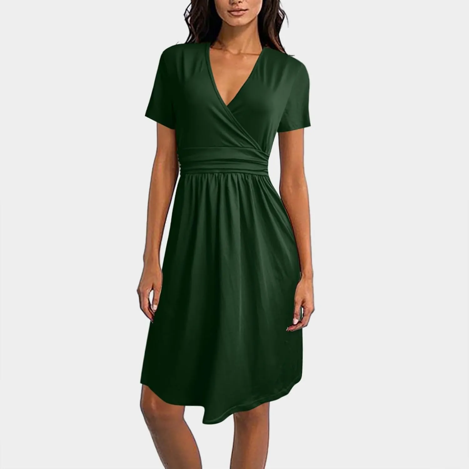 Dresses for Women 2025 Summer Short Sleeve V Neck Midi Dress Empire Waist Casual Loose Fit Vacation A Line Dress