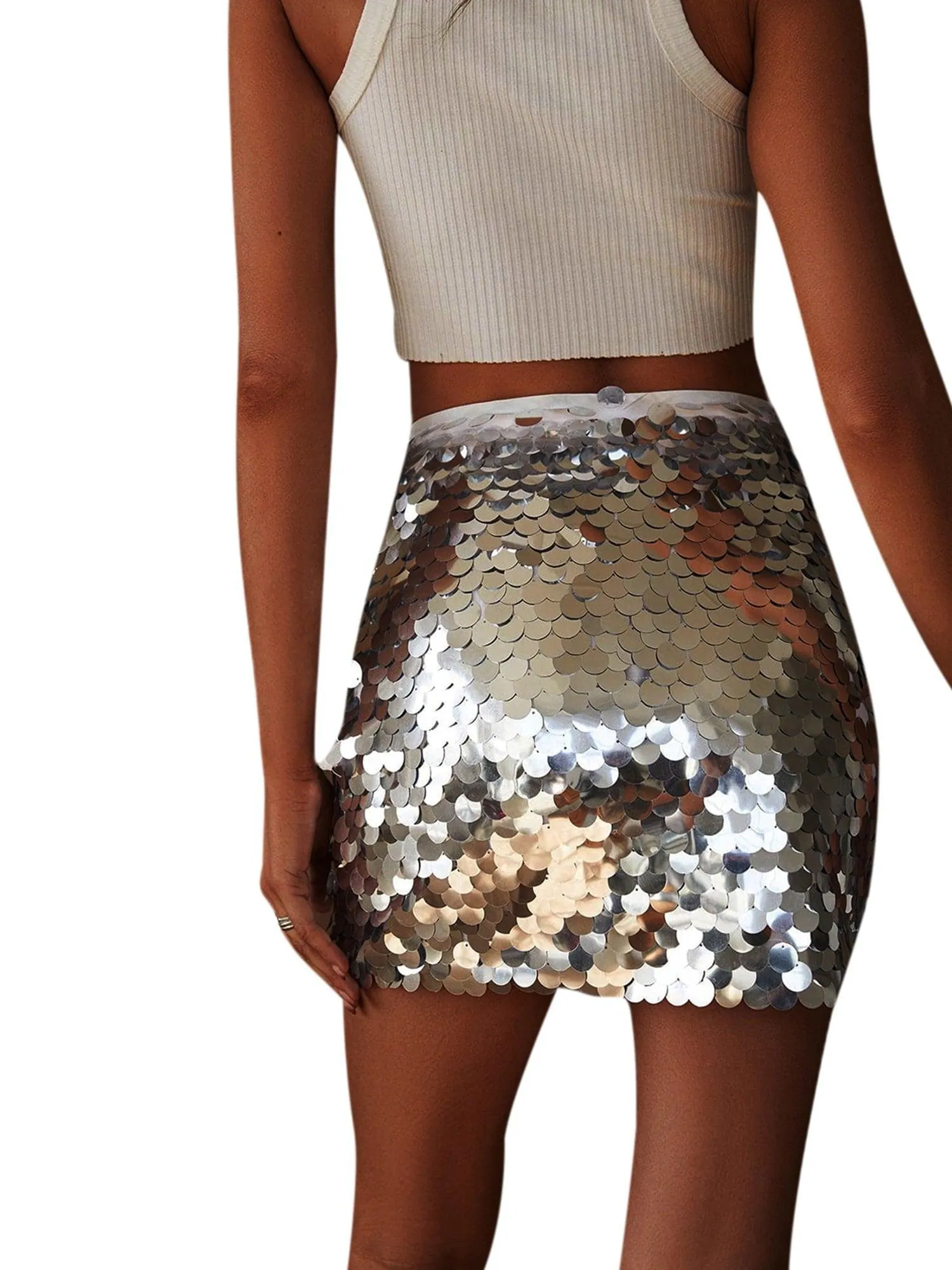 Eyicmarn Women Glitter Mini Skirt, High Waist Disco Sequin Club Skirt Stage Performance Clothes