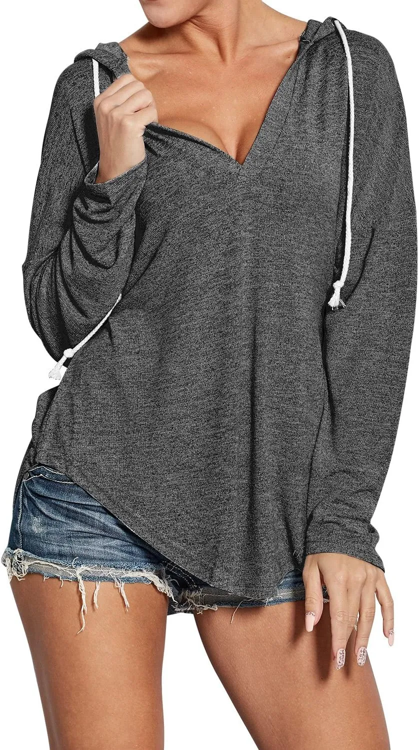 Ezcosplay Women Deep V Neck Solid Pullover Drawstring Loose Sweatshirt Hoodies
