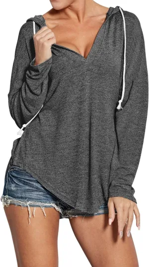 Ezcosplay Women Deep V Neck Solid Pullover Drawstring Loose Sweatshirt Hoodies