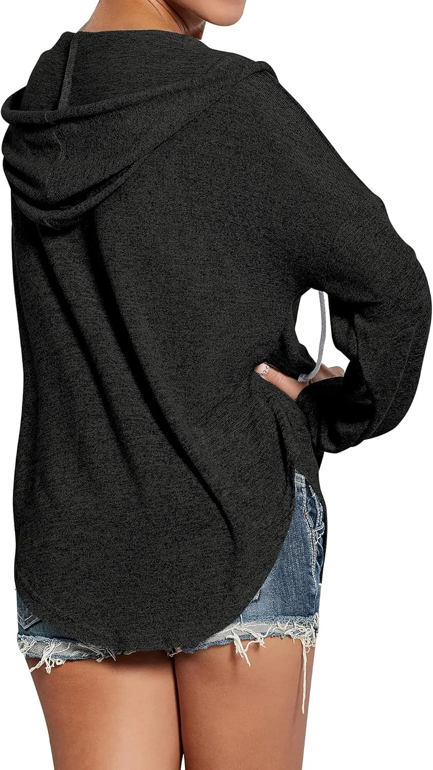 Ezcosplay Women Deep V Neck Solid Pullover Drawstring Loose Sweatshirt Hoodies