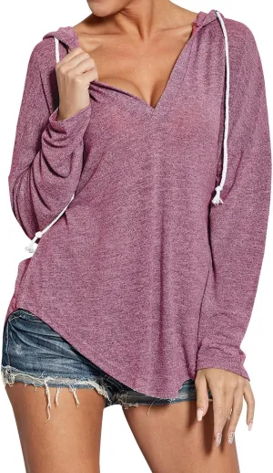 Ezcosplay Women Deep V Neck Solid Pullover Drawstring Loose Sweatshirt Hoodies