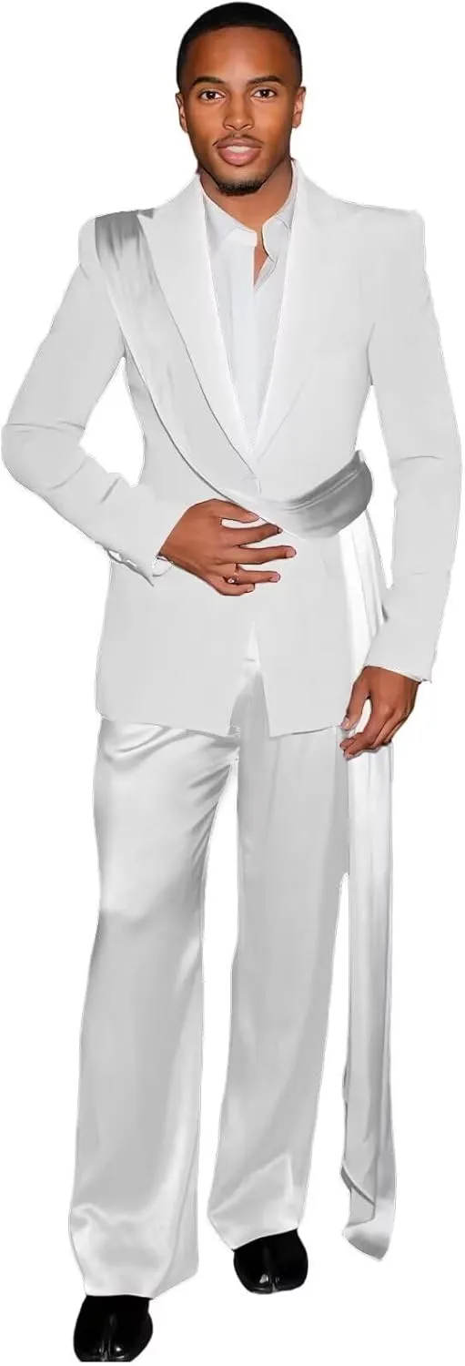 Fashion Mens Suit with Belt for Men 2 Piece Blazer Pants Peak Lapel Tuxedo Single Breasted Jacket Trousers for Party