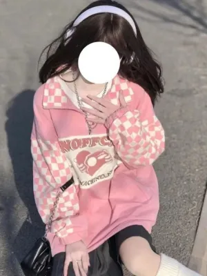 Fashionkova  Korean Fashion Plaid Hoodies Women Harajuku Kawaii Zip Up Oversized Sweatshirts Pink Checkerboard Casual Tops Vintage