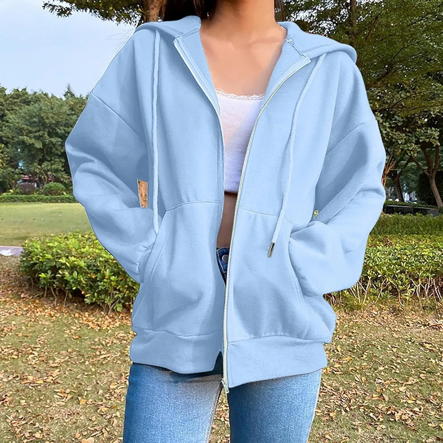 Fenleo Womens Zip Up Hoodies Long Sleeve Oversized Sweatshirts Fall Outfits Pockets Patchwork Hoodie for Women