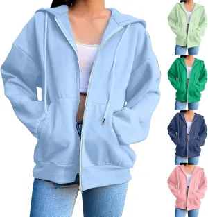 Fenleo Womens Zip Up Hoodies Long Sleeve Oversized Sweatshirts Fall Outfits Pockets Patchwork Hoodie for Women