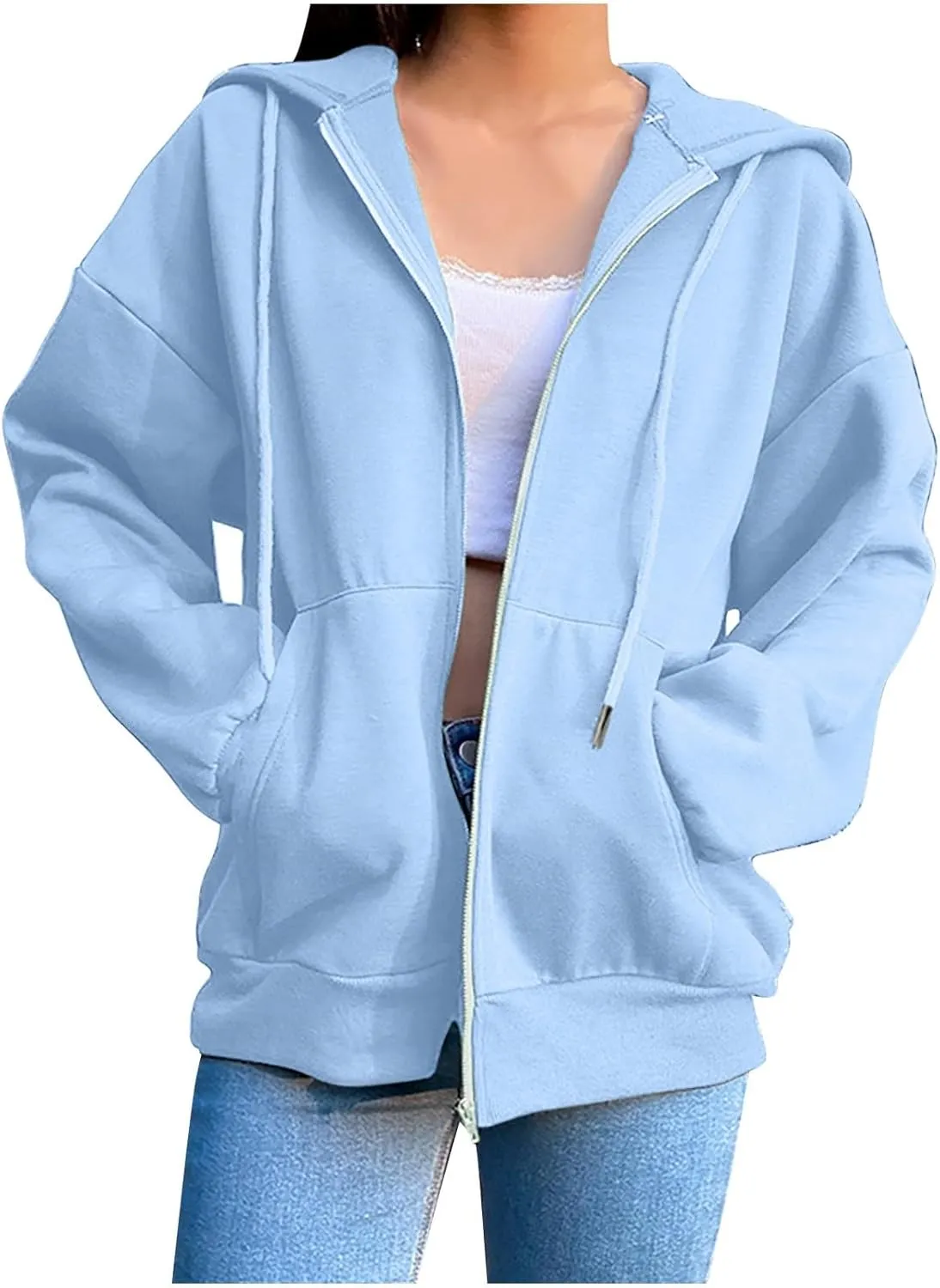 Fenleo Womens Zip Up Hoodies Long Sleeve Oversized Sweatshirts Fall Outfits Pockets Patchwork Hoodie for Women