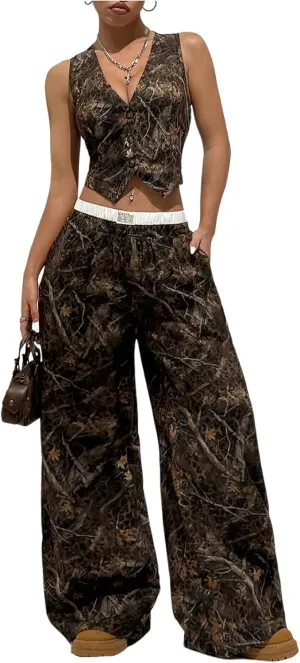 Floerns Women's 2 Piece Outfit Y2k Camo Vest Waistcoat Baggy Wide Leg Pants Set