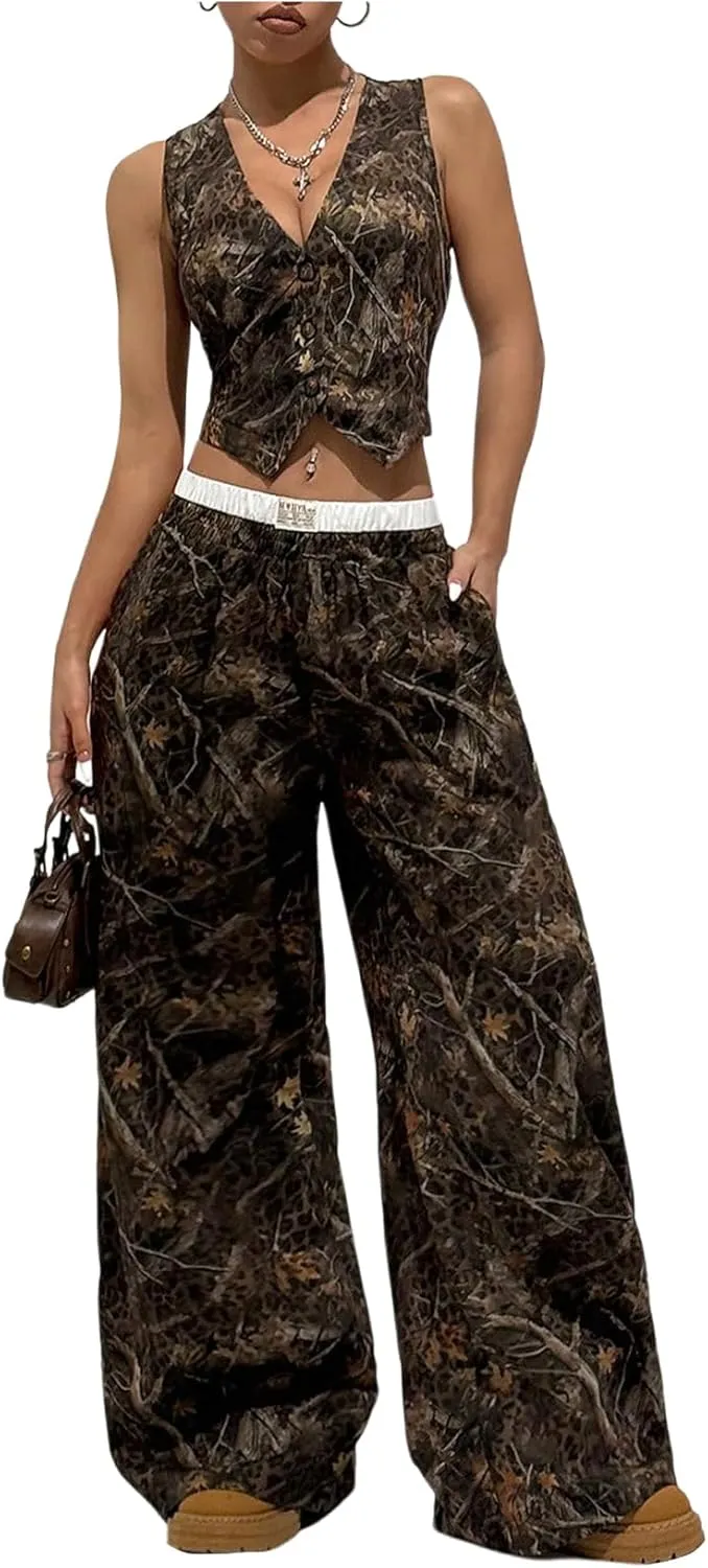 Floerns Women's 2 Piece Outfit Y2k Camo Vest Waistcoat Baggy Wide Leg Pants Set