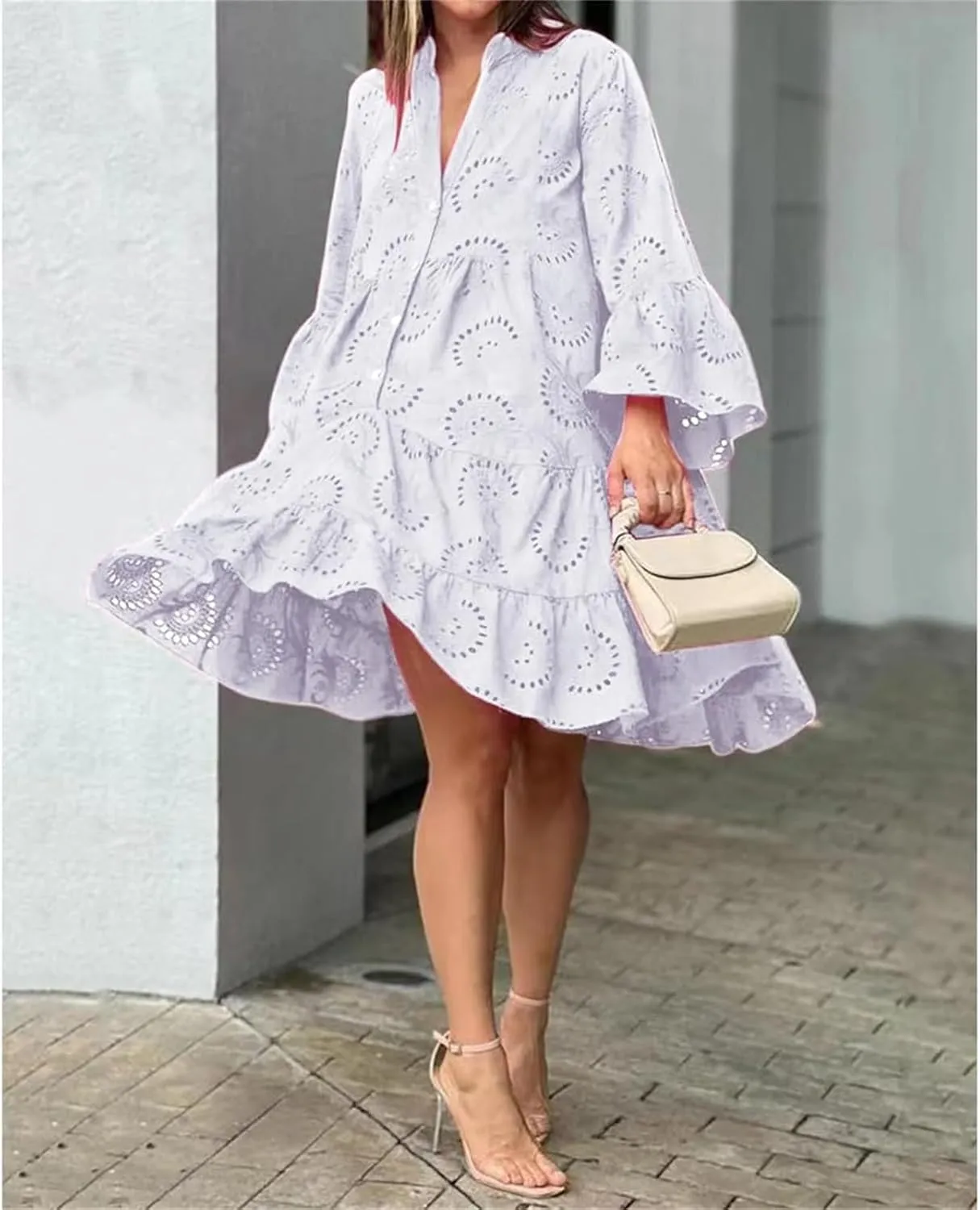 Floral Dress for Women Long Sleeve Summer Midi Dresses V Neck Boho Dresses Beach Vacation Flowy Sundress Lightweight