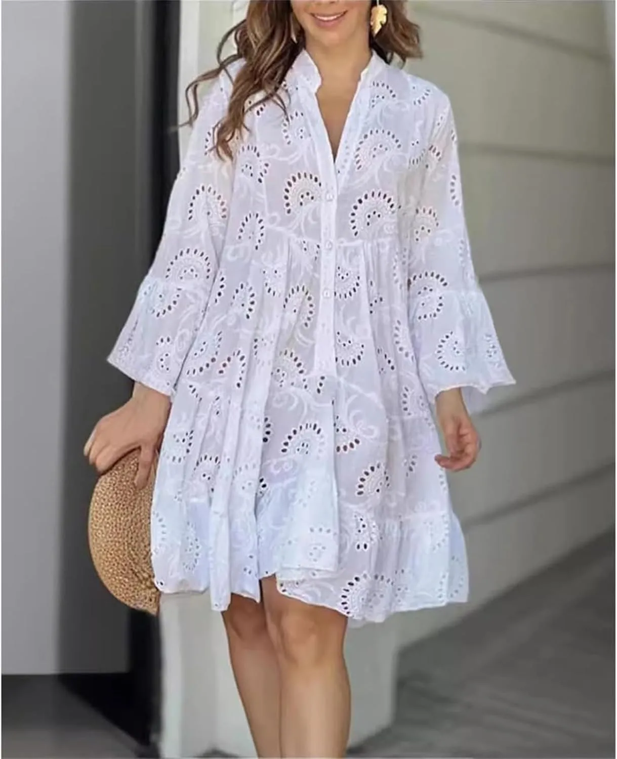 Floral Dress for Women Long Sleeve Summer Midi Dresses V Neck Boho Dresses Beach Vacation Flowy Sundress Lightweight