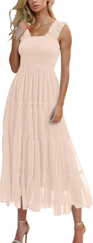Flowy Dresses for Women Trendy Summer Midi Beach Dress Sleeveless Smocked Square Neck Party Wedding Guest Sundress