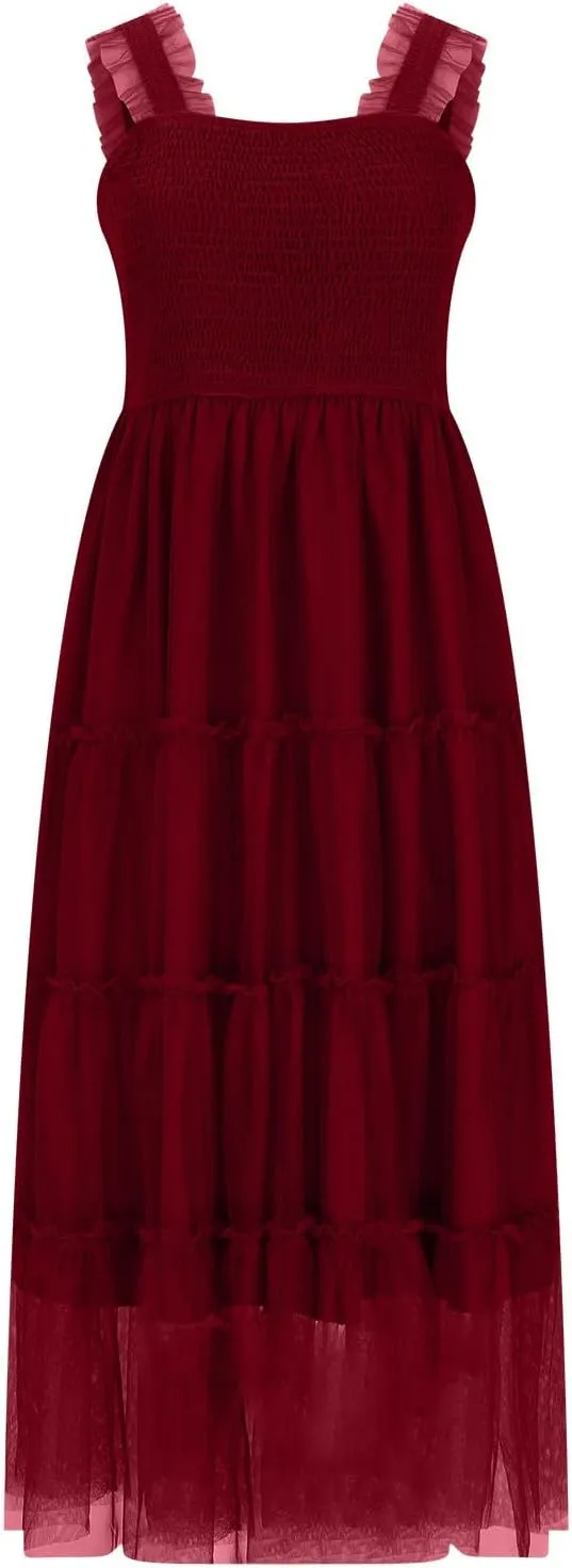 Flowy Dresses for Women Trendy Summer Midi Beach Dress Sleeveless Smocked Square Neck Party Wedding Guest Sundress