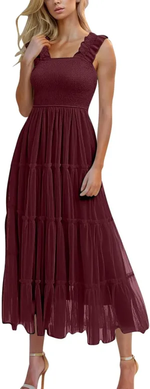 Flowy Dresses for Women Trendy Summer Midi Beach Dress Sleeveless Smocked Square Neck Party Wedding Guest Sundress