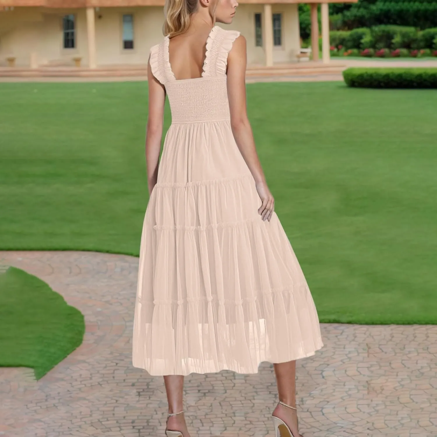 Flowy Dresses for Women Trendy Summer Midi Beach Dress Sleeveless Smocked Square Neck Party Wedding Guest Sundress