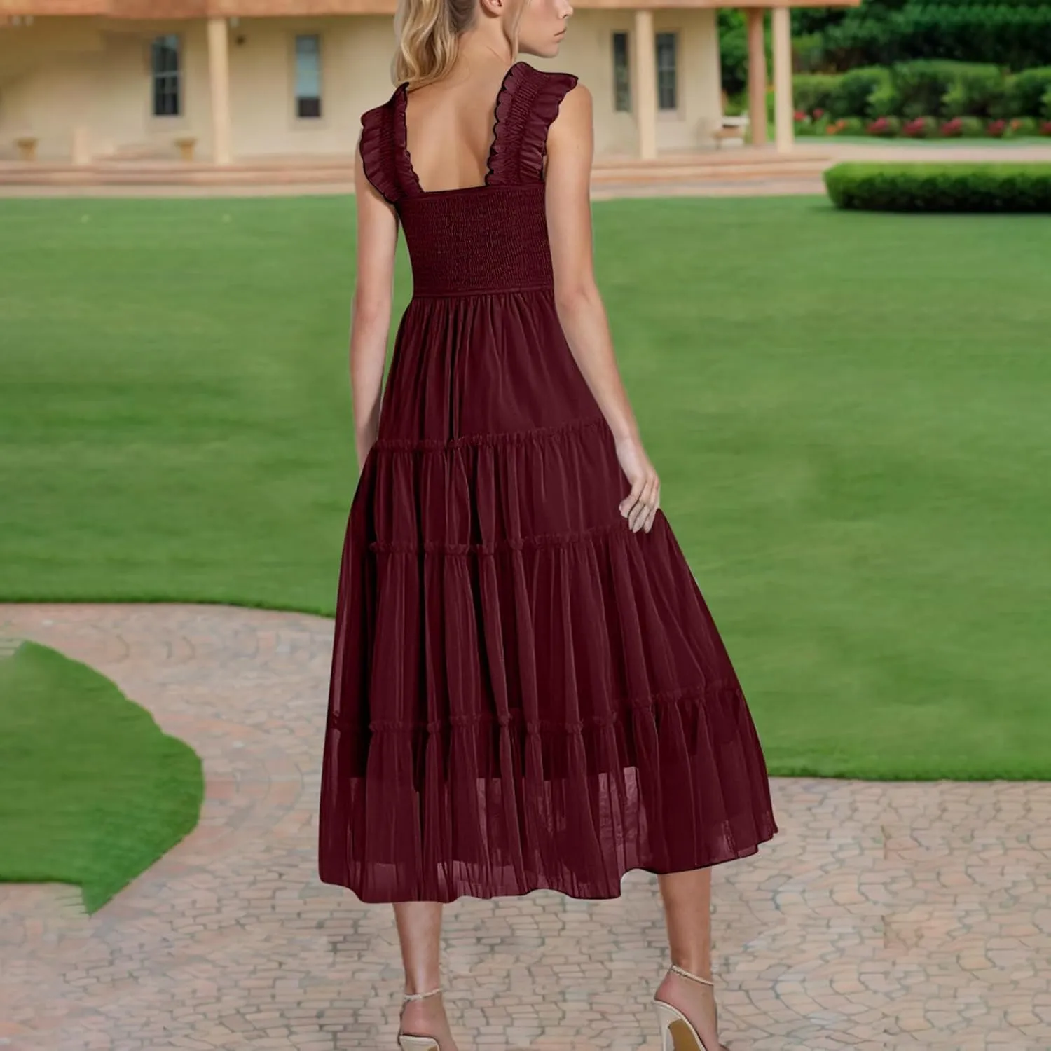 Flowy Dresses for Women Trendy Summer Midi Beach Dress Sleeveless Smocked Square Neck Party Wedding Guest Sundress