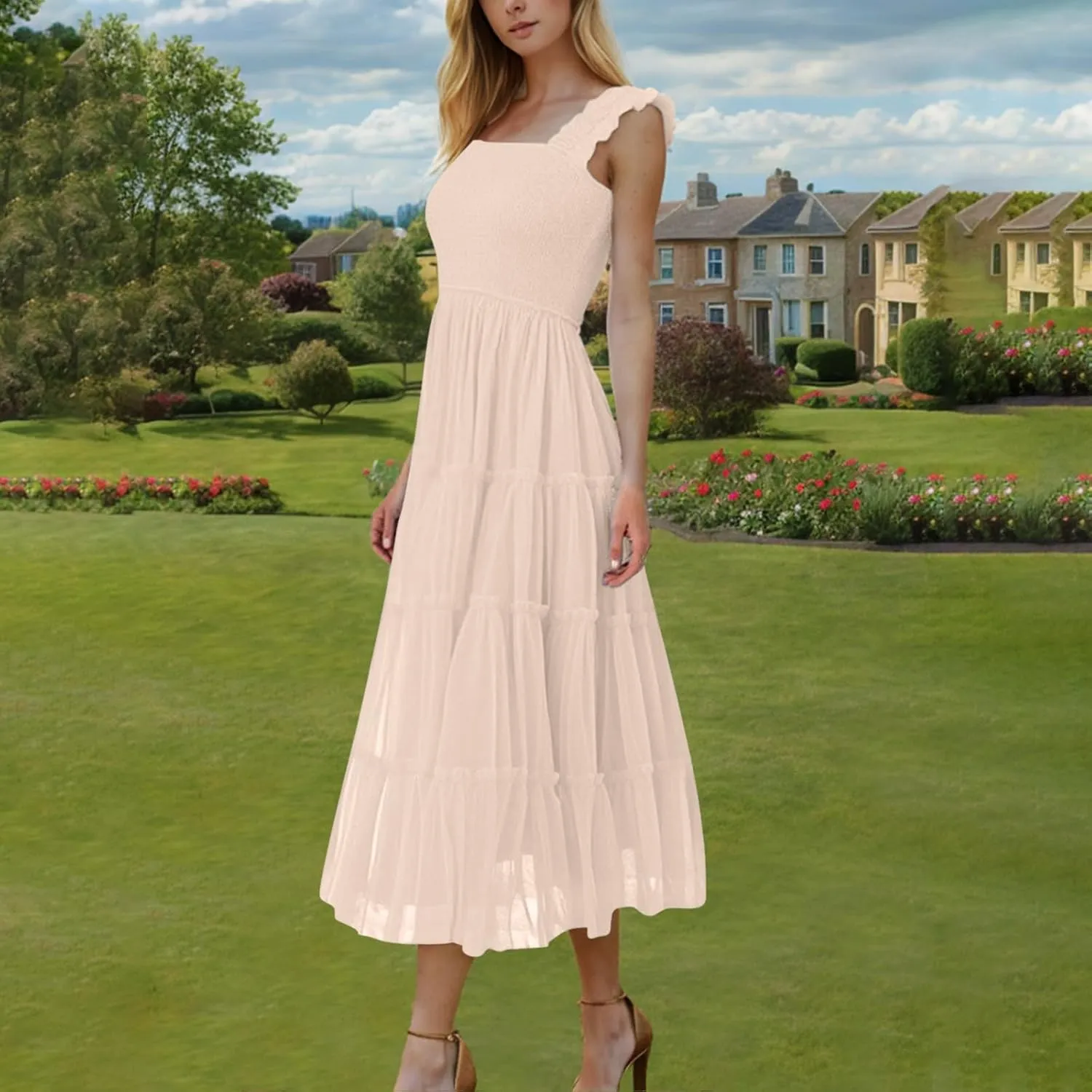 Flowy Dresses for Women Trendy Summer Midi Beach Dress Sleeveless Smocked Square Neck Party Wedding Guest Sundress