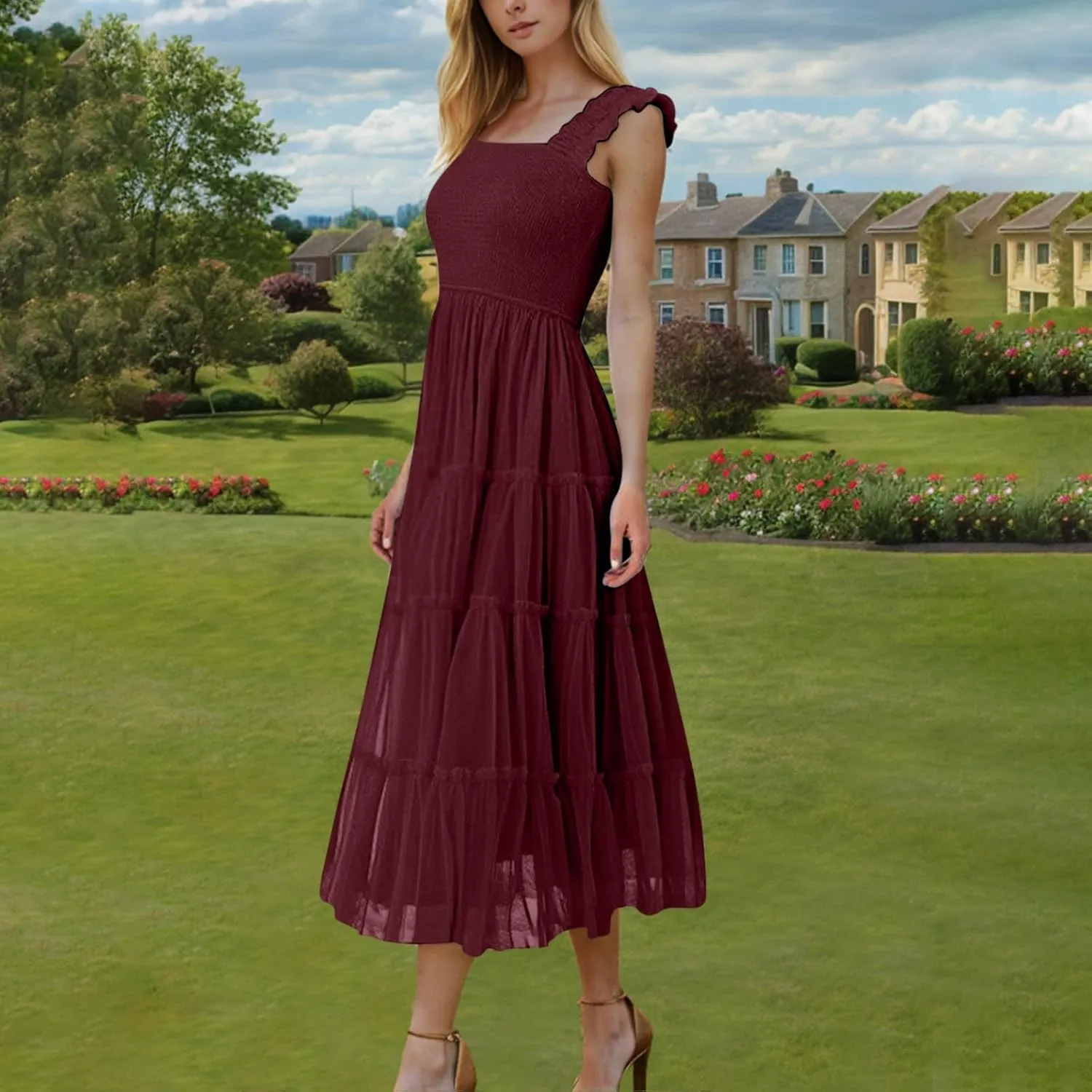 Flowy Dresses for Women Trendy Summer Midi Beach Dress Sleeveless Smocked Square Neck Party Wedding Guest Sundress