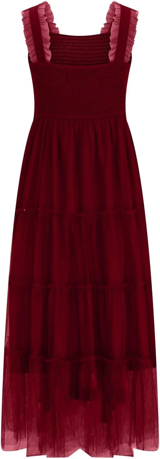 Flowy Dresses for Women Trendy Summer Midi Beach Dress Sleeveless Smocked Square Neck Party Wedding Guest Sundress