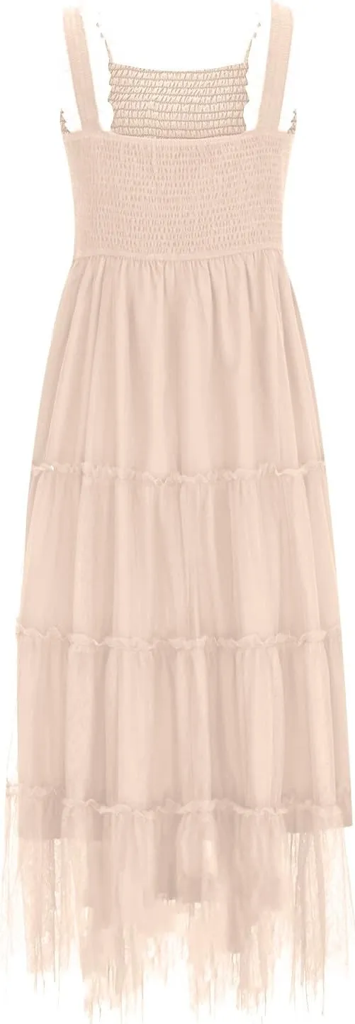 Flowy Dresses for Women Trendy Summer Midi Beach Dress Sleeveless Smocked Square Neck Party Wedding Guest Sundress